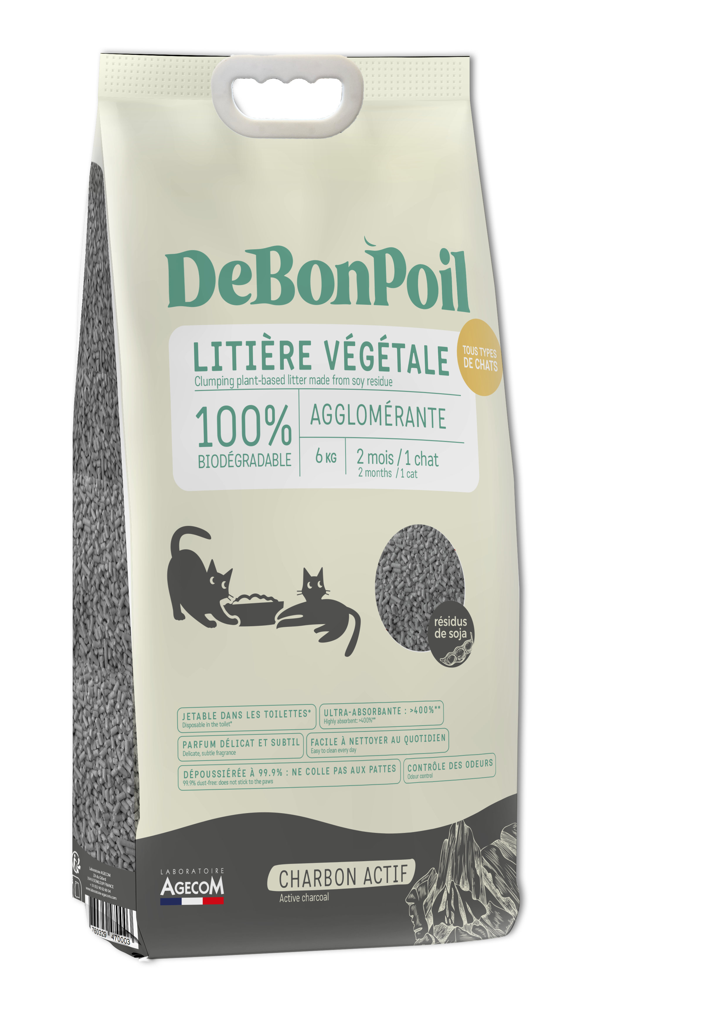 DeBonPoil LITIERE VEGETALE AU CHARBON ACTIF 15L