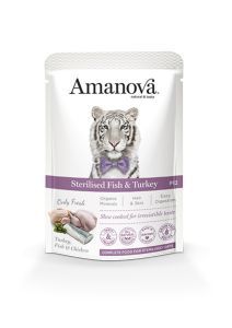 AMANOVA SACHET CHAT STERILISE POISSONS ET DINDE 85 GR