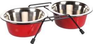 GAMELLES X 2 SUR SUPPORT ROUGE / ARGENT ET NOIR 11 CM